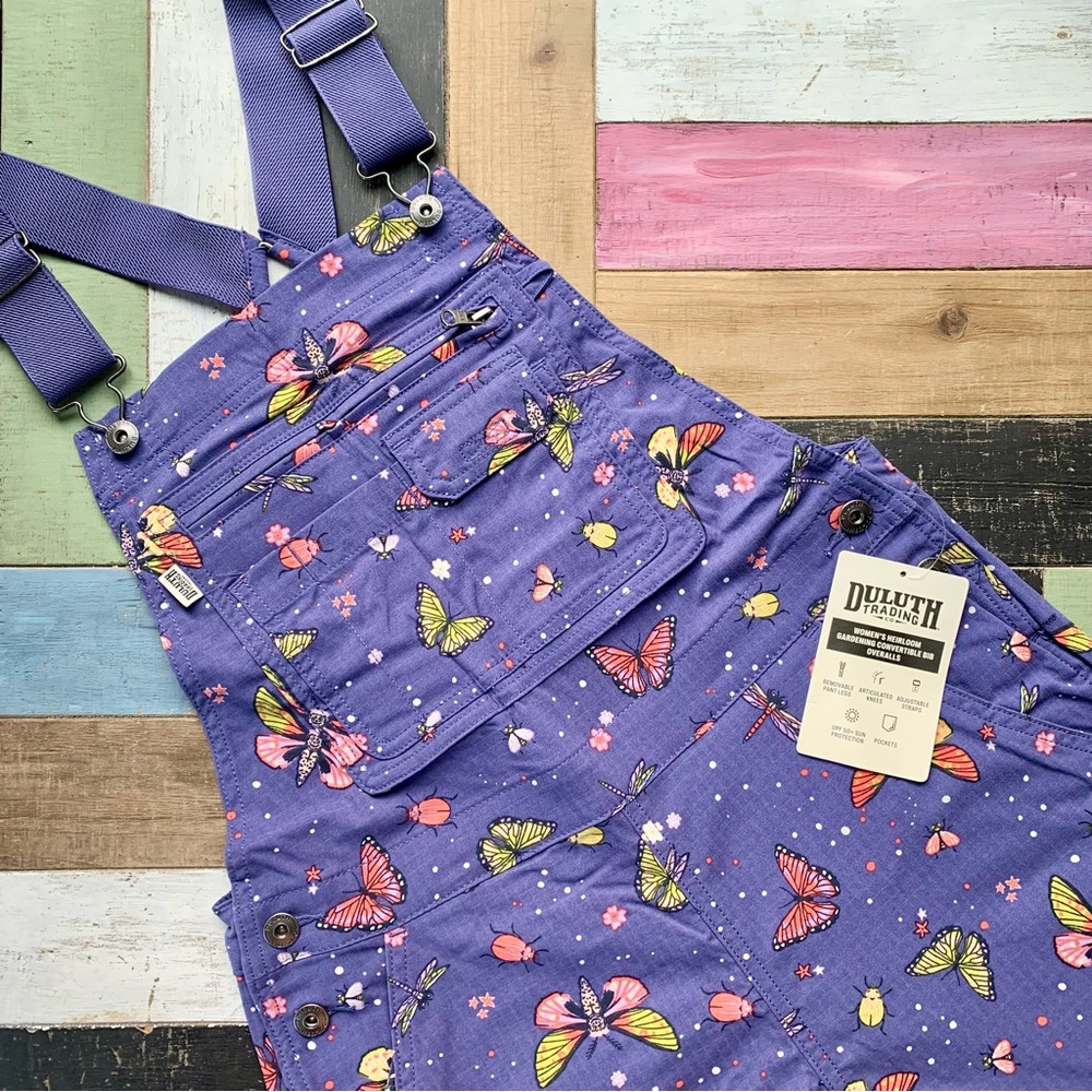 NWT XS Duluth Heirloom Gardening Convertible Bib Overalls Indigo Backyard Bugs - Picture 7 of 13